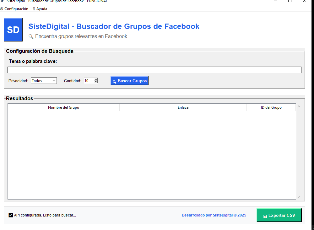 Screenshot del software SisteDigital Group Finder mostrando interfaz real de búsqueda de grupos Facebook